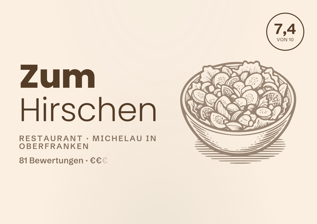 Illustriertes Poster von Zum Hirschen, Restaurant in Michelau in Oberfranken: Bewertung 7,4 von 10 aus 81 Bewertungen, Preisniveau €€