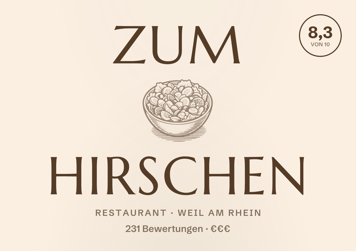 Illustriertes Poster von Zum Hirschen, Restaurant in Weil am Rhein: Bewertung 8,3 von 10 aus 231 Bewertungen, Preisniveau €€€