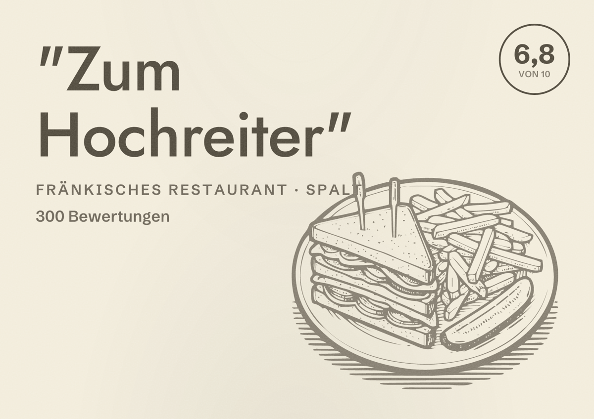 Illustriertes Poster von "Zum Hochreiter", Fränkisches Restaurant in Spalt: Bewertung 6,8 von 10 aus 300 Bewertungen