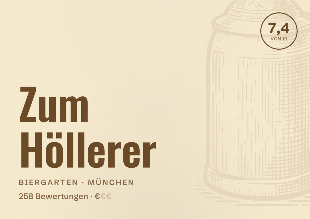 Illustriertes Poster von Zum Höllerer, Biergarten in München: Bewertung 7,4 von 10 aus 258 Bewertungen, Preisniveau €