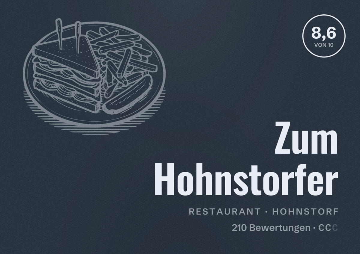 Illustriertes Poster von Zum Hohnstorfer, Restaurant in Hohnstorf: Bewertung 8,6 von 10 aus 210 Bewertungen, Preisniveau €€