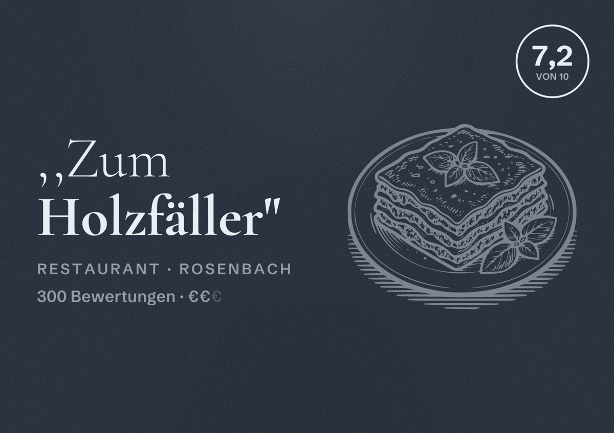 Illustriertes Poster von ,,Zum Holzfäller", Restaurant in Rosenbach: Bewertung 7,2 von 10 aus 300 Bewertungen, Preisniveau €€