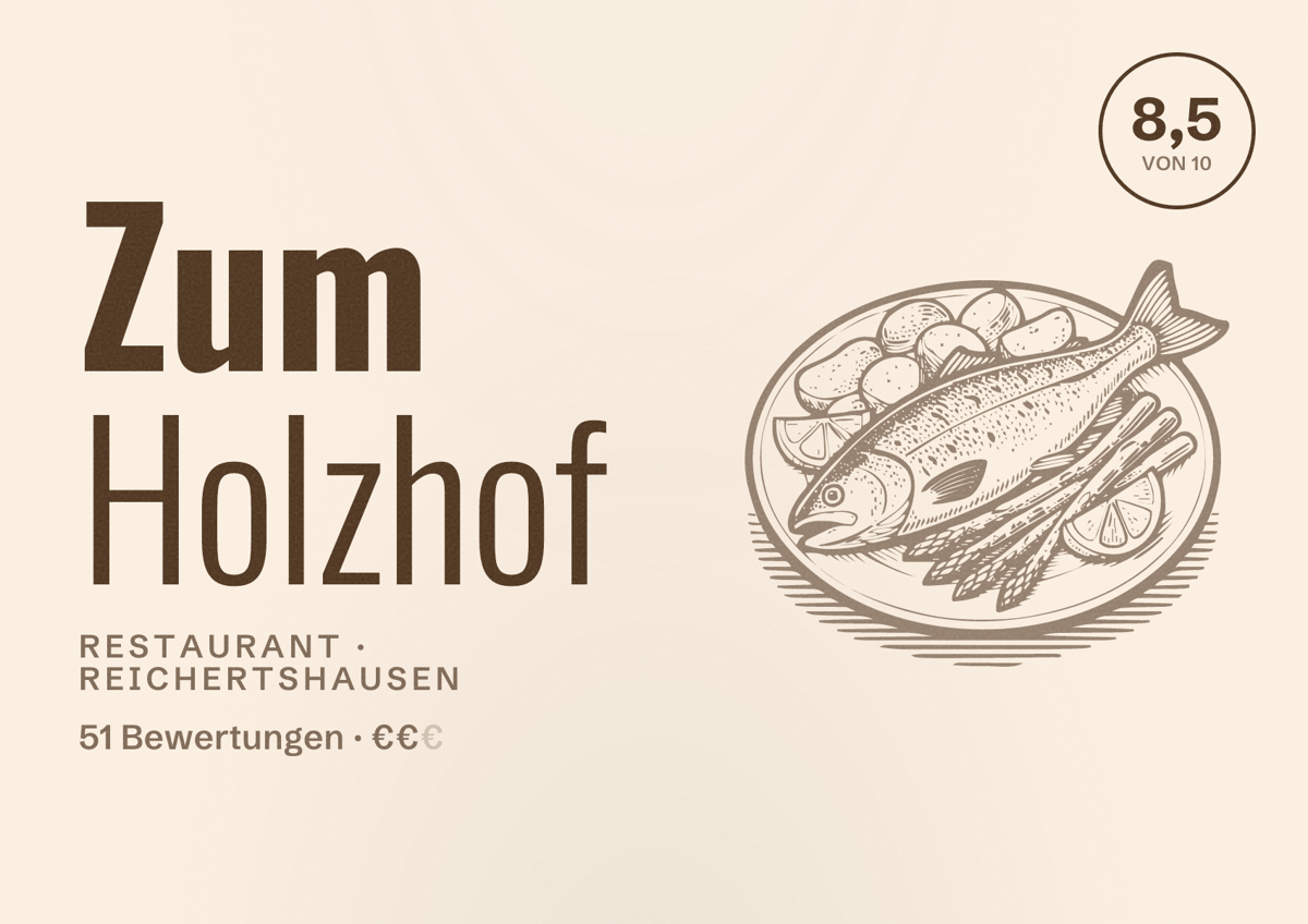 Illustriertes Poster von Zum Holzhof, Restaurant in Reichertshausen: Bewertung 8,5 von 10 aus 51 Bewertungen, Preisniveau €€