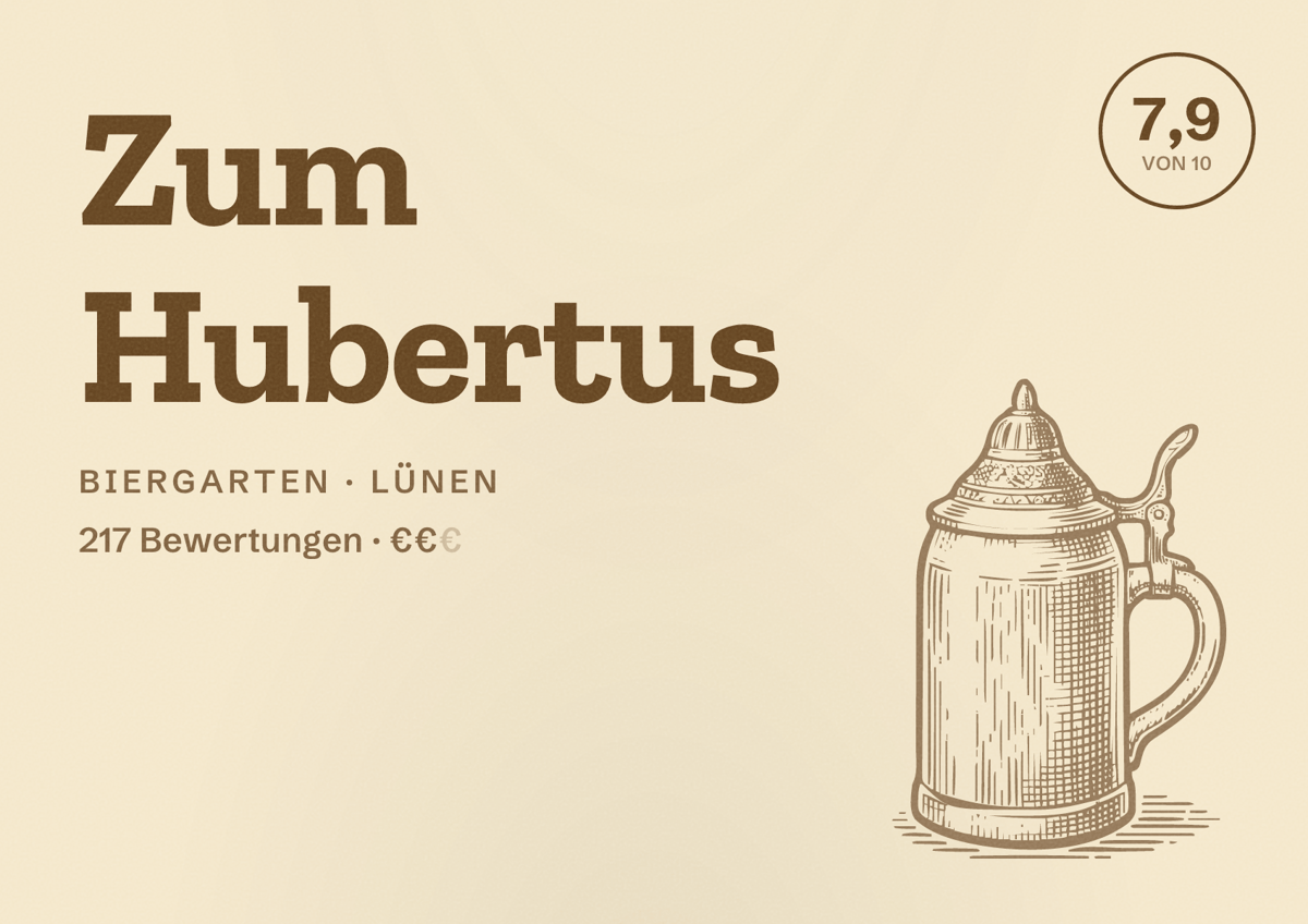 Illustriertes Poster von Zum Hubertus, Biergarten in Lünen: Gästebewertung 7,9 von 10 aus 217 Bewertungen