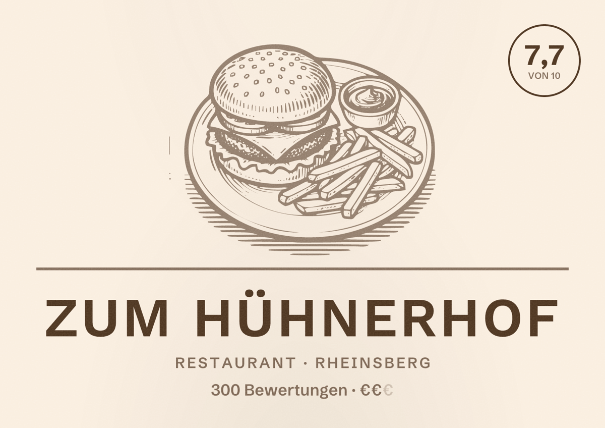 Illustriertes Poster von Zum Hühnerhof, Restaurant in Rheinsberg: Bewertung 7,7 von 10 aus 300 Bewertungen, Preisniveau €€