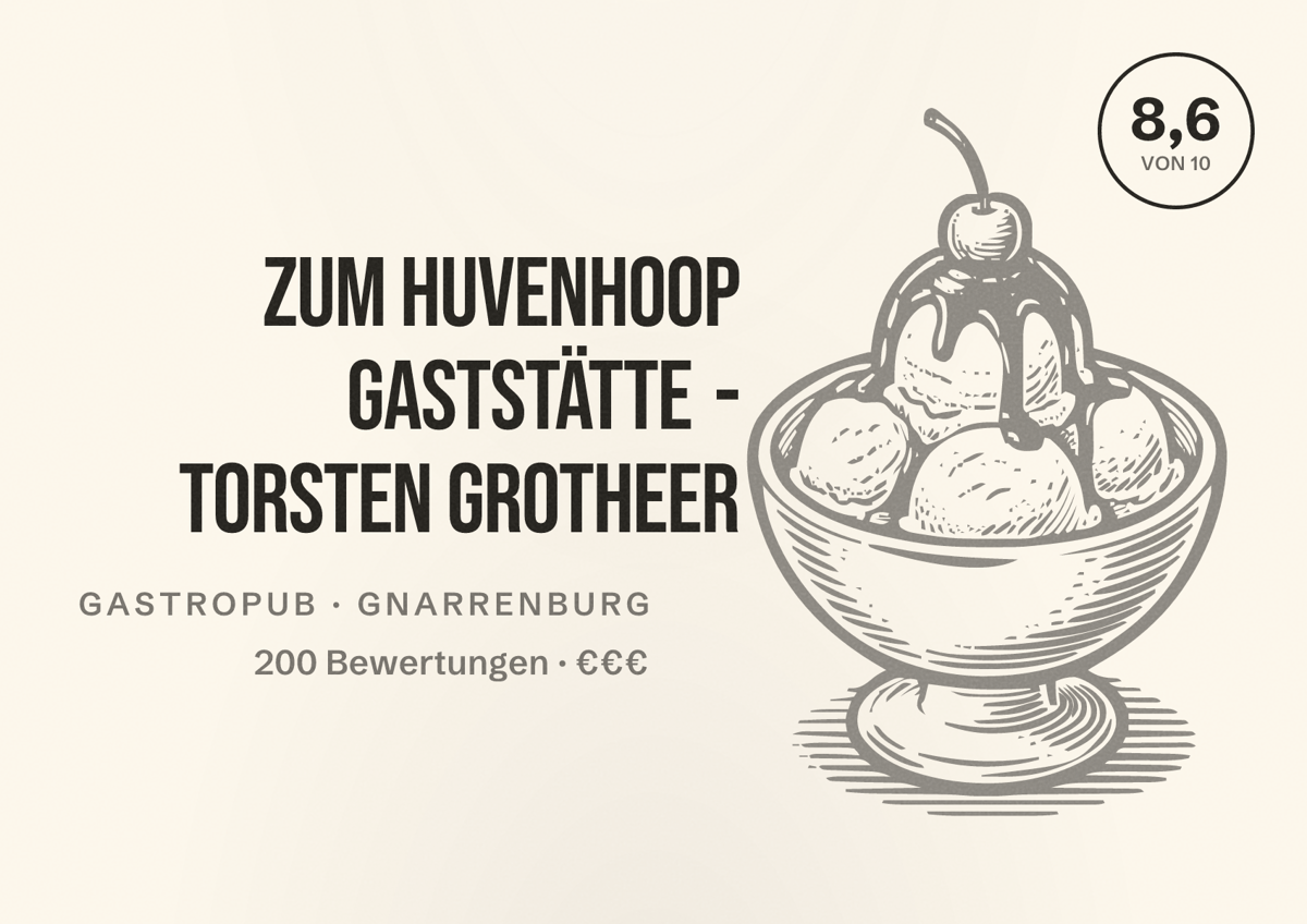 Illustriertes Poster von Zum Huvenhoop Gaststätte - Torsten Grotheer, Gastropub in Gnarrenburg: Bewertung 8,6 von 10 aus 200 Bewertungen, Preisniveau €€€
