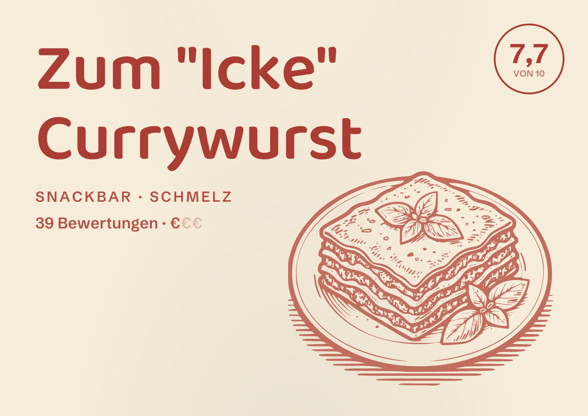 Illustriertes Poster von Zum "Icke" Currywurst, Snackbar in Schmelz: Bewertung 7,7 von 10 aus 39 Bewertungen, Preisniveau €