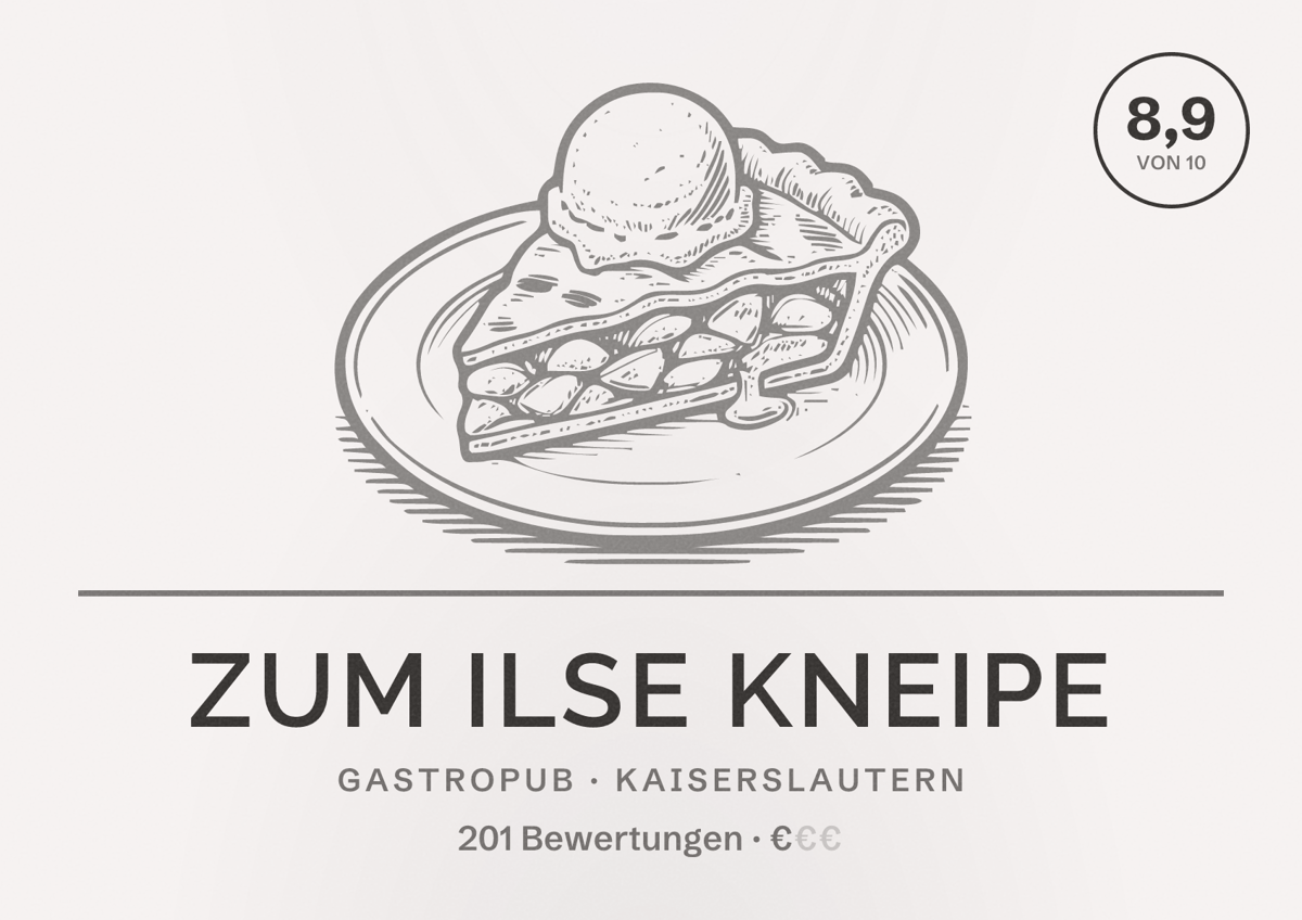 Illustriertes Poster von Zum Ilse Kneipe, Gastropub in Kaiserslautern: Bewertung 8,9 von 10 aus 201 Bewertungen, Preisniveau €
