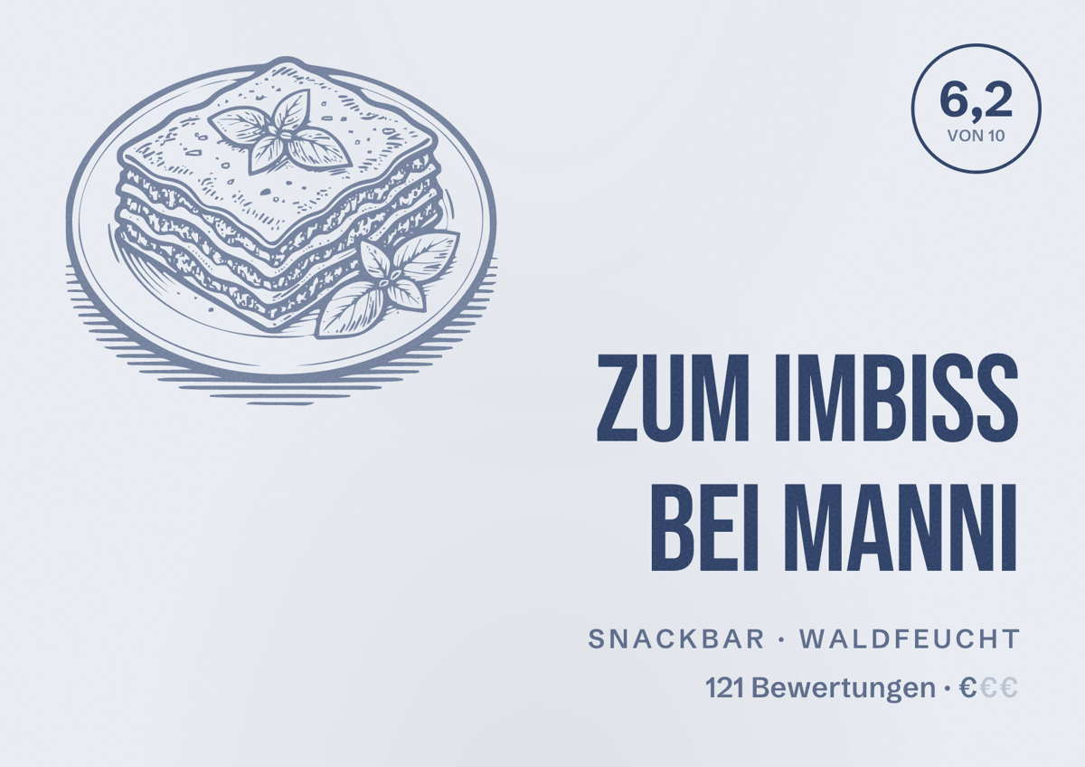 Illustriertes Poster von Zum Imbiss bei Manni, Snackbar in Waldfeucht: Bewertung 6,2 von 10 aus 121 Bewertungen, Preisniveau €