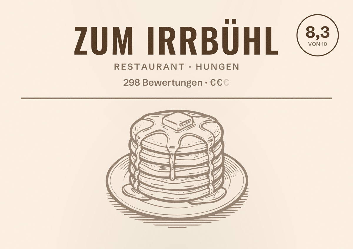 Illustriertes Poster von Zum Irrbühl, Restaurant in Hungen: Bewertung 8,3 von 10 aus 298 Bewertungen, Preisniveau €€