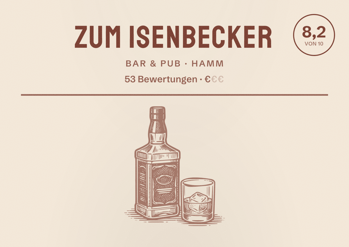 Illustriertes Poster von Zum Isenbecker, Bar & Pub in Hamm: Bewertung 8,2 von 10 aus 53 Bewertungen, Preisniveau €