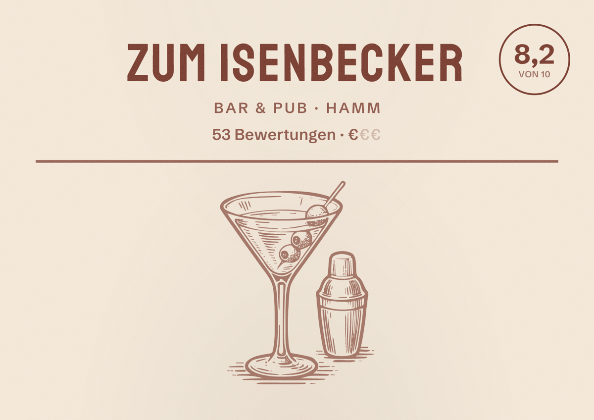 Illustriertes Poster von Zum Isenbecker, Bar & Pub in Hamm: Bewertung 8,2 von 10 aus 53 Bewertungen, Preisniveau €