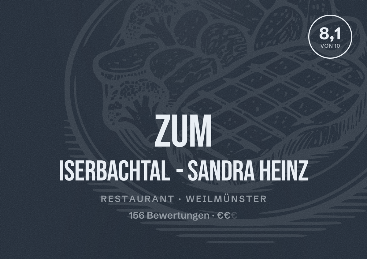 Illustriertes Poster von Zum Iserbachtal - Sandra Heinz, Restaurant in Weilmünster: Bewertung 8,1 von 10 aus 156 Bewertungen, Preisniveau €€