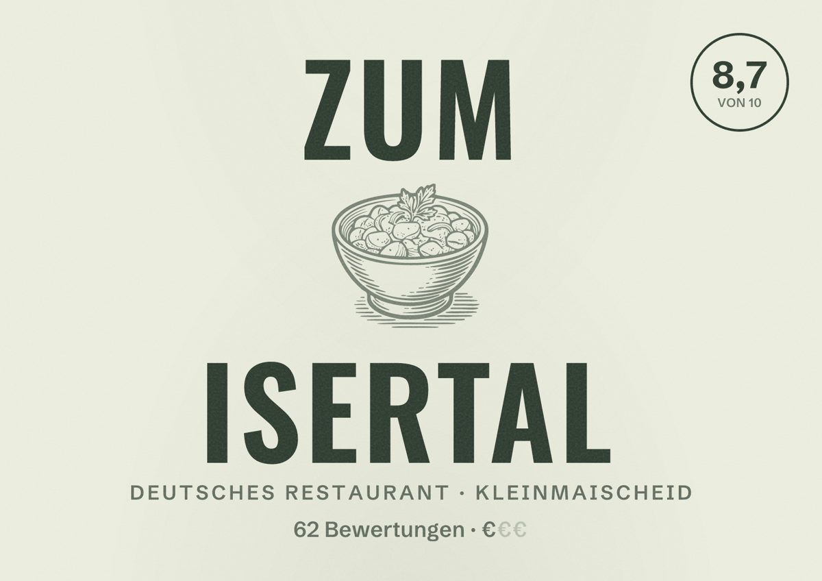 Illustriertes Poster von Zum Isertal, Deutsches Restaurant in Kleinmaischeid: Bewertung 8,7 von 10 aus 62 Bewertungen, Preisniveau €