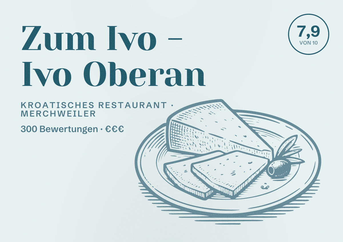 Illustriertes Poster von Zum Ivo - Ivo Oberan, Kroatisches Restaurant in Merchweiler: Bewertung 7,9 von 10 aus 300 Bewertungen, Preisniveau €€€