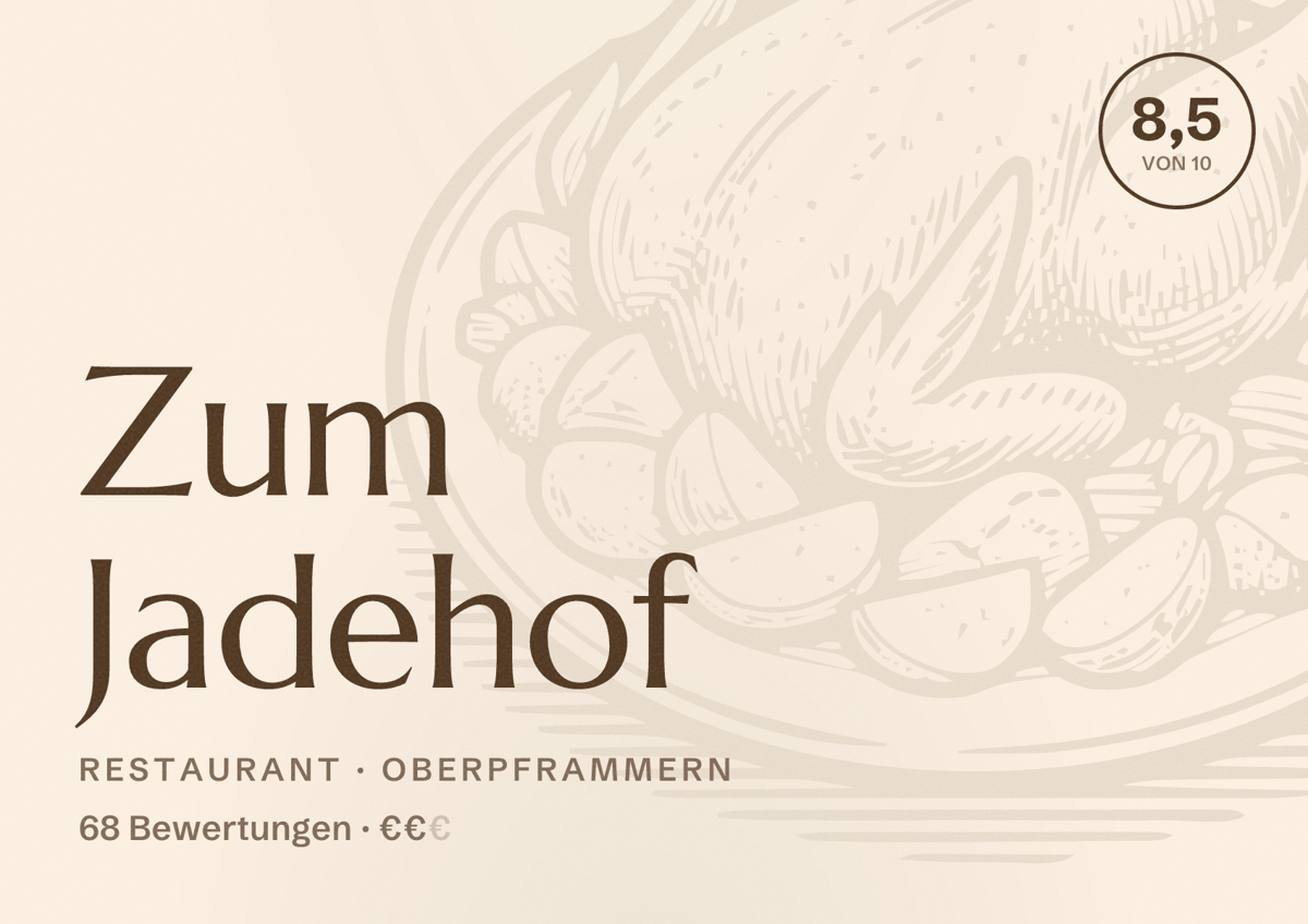 Illustriertes Poster von Zum Jadehof, Restaurant in Oberpframmern: Bewertung 8,5 von 10 aus 68 Bewertungen, Preisniveau €€