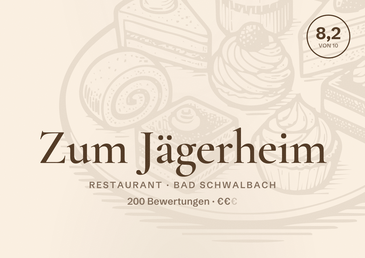 Illustriertes Poster von Zum Jägerheim, Restaurant in Bad Schwalbach: Bewertung 8,2 von 10 aus 200 Bewertungen, Preisniveau €€
