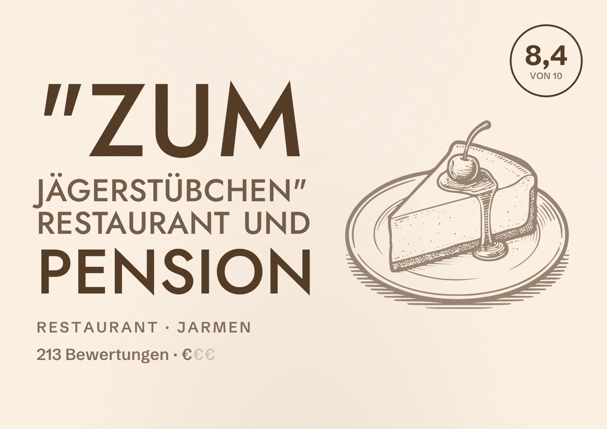 Illustriertes Poster von "Zum Jägerstübchen" Restaurant und Pension, Restaurant in Jarmen: Bewertung 8,4 von 10 aus 213 Bewertungen, Preisniveau €