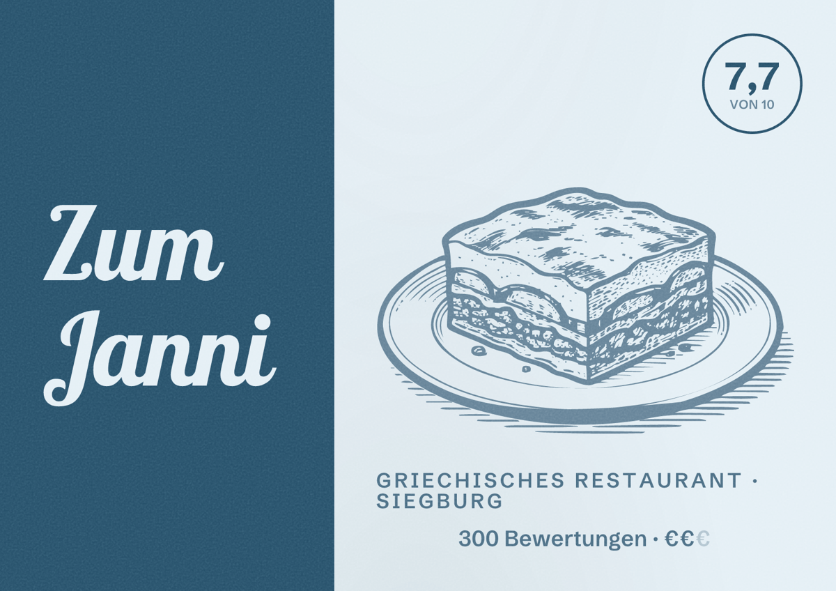 Illustriertes Poster von Zum Janni, Griechisches Restaurant in Siegburg: Bewertung 7,7 von 10 aus 300 Bewertungen, Preisniveau €€