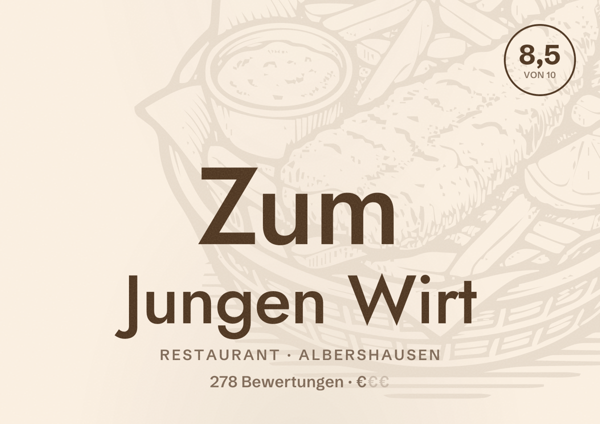 Illustriertes Poster von Zum Jungen Wirt, Restaurant in Albershausen: Bewertung 8,5 von 10 aus 278 Bewertungen, Preisniveau €