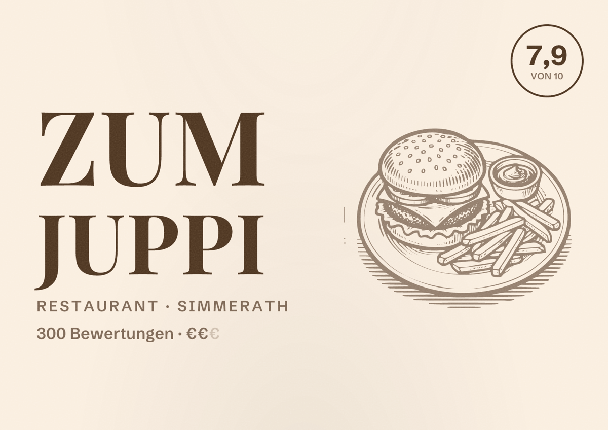 Illustriertes Poster von Zum Juppi, Restaurant in Simmerath: Bewertung 7,9 von 10 aus 300 Bewertungen, Preisniveau €€