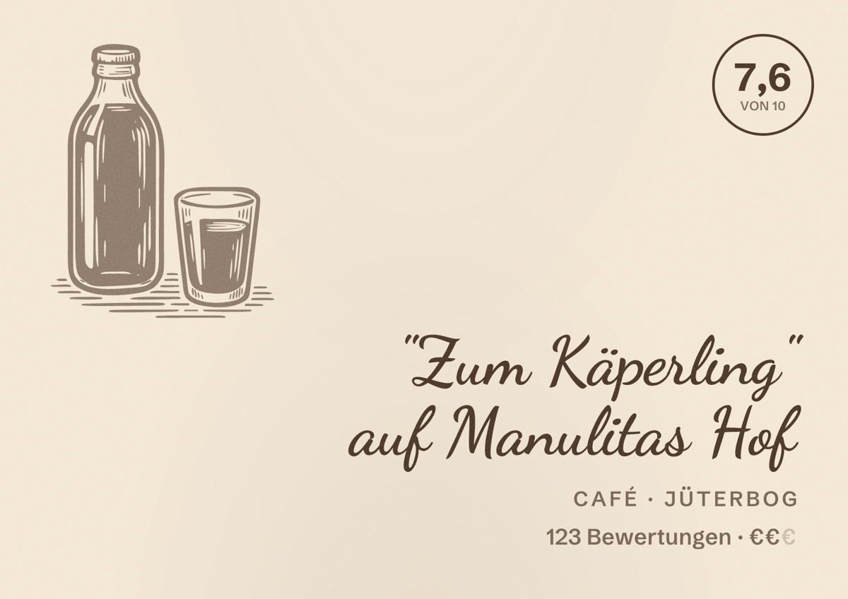 Illustriertes Poster von "Zum Käperling" auf Manulitas Hof, Café in Jüterbog: Bewertung 7,6 von 10 aus 123 Bewertungen, Preisniveau €€