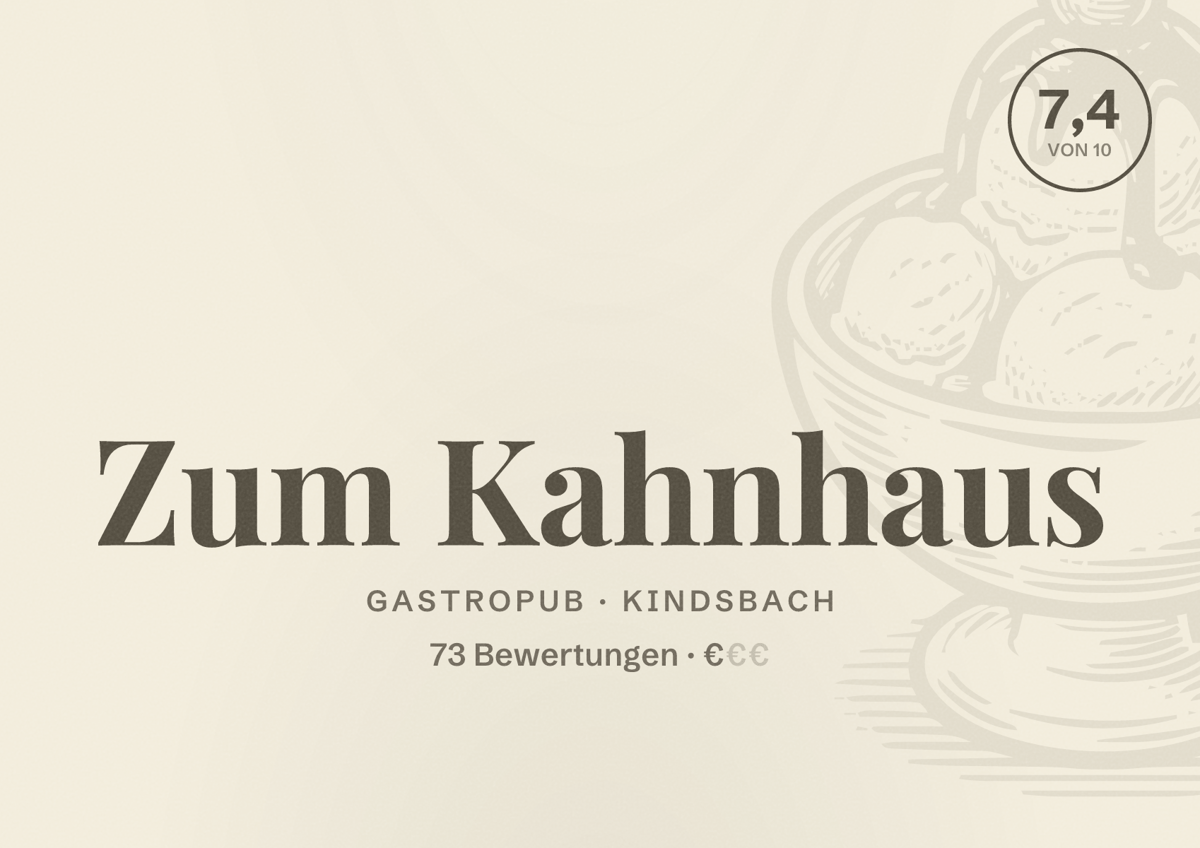 Illustriertes Poster von Zum Kahnhaus, Gastropub in Kindsbach: Bewertung 7,4 von 10 aus 73 Bewertungen, Preisniveau €