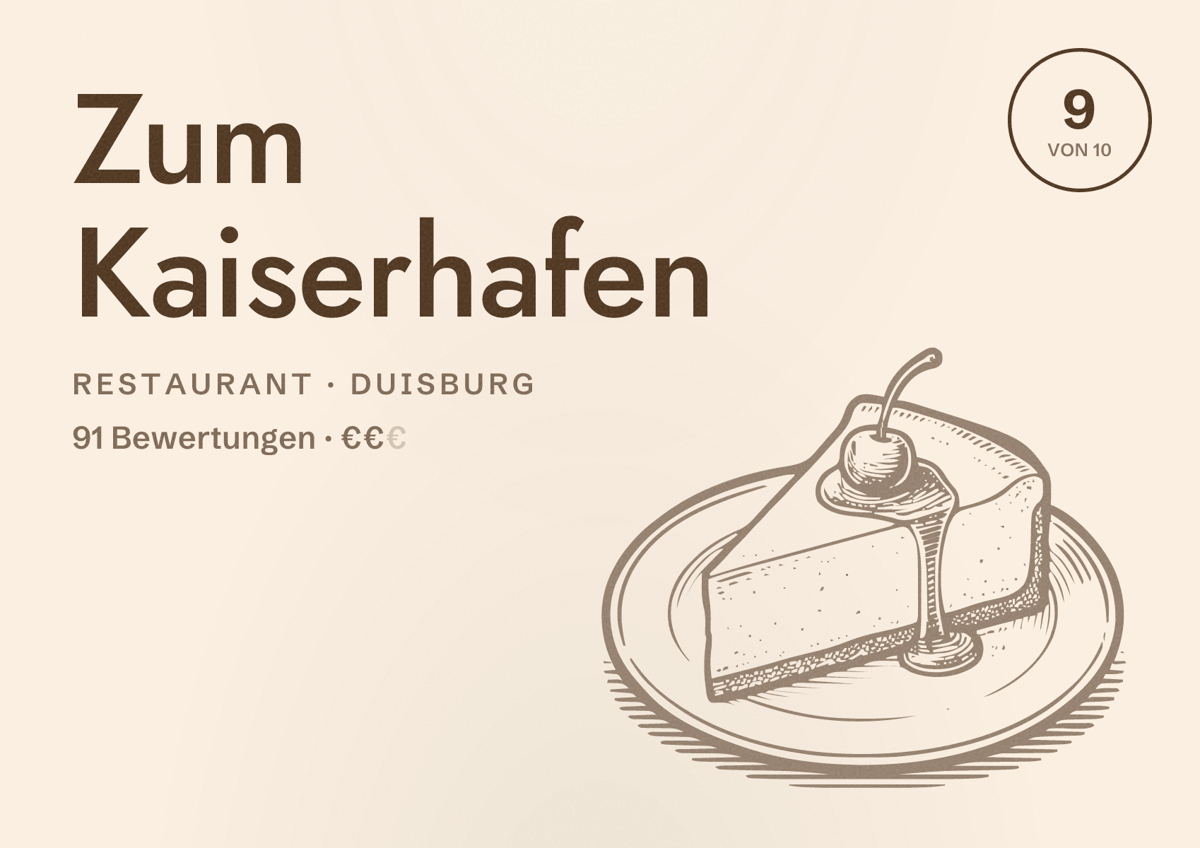 Illustriertes Poster von Zum Kaiserhafen, Restaurant in Duisburg: Gästebewertung 9 von 10 aus 91 Bewertungen