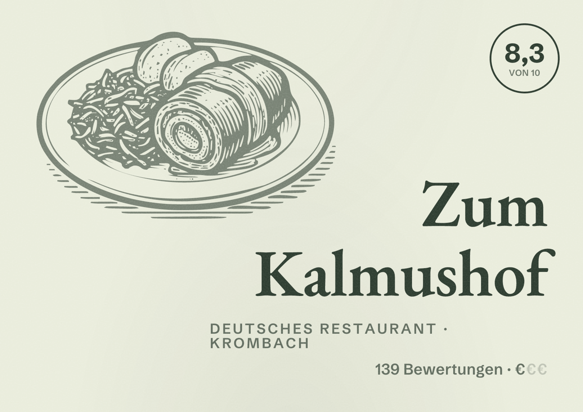 Illustriertes Poster von Zum Kalmushof, Deutsches Restaurant in Krombach: Bewertung 8,3 von 10 aus 139 Bewertungen, Preisniveau €
