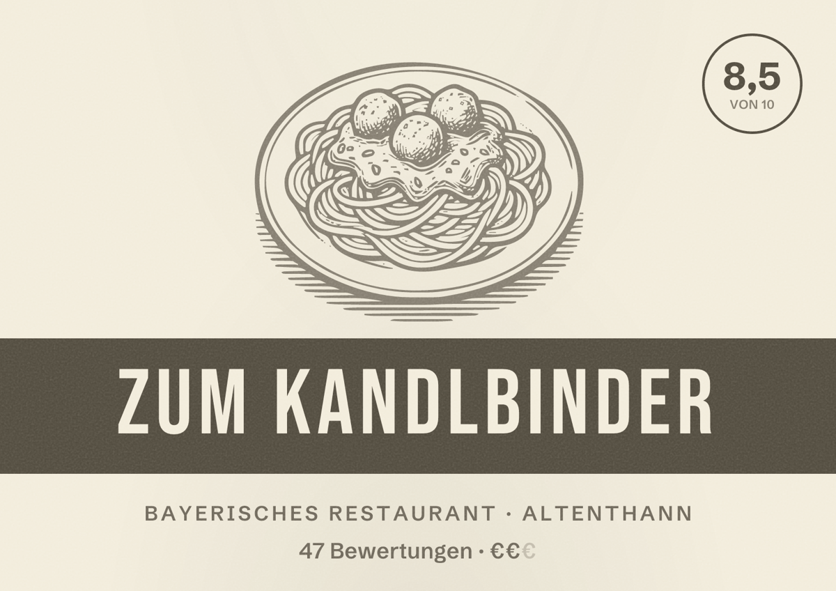 Illustriertes Poster von Zum Kandlbinder, Bayerisches Restaurant in Altenthann: Bewertung 8,5 von 10 aus 47 Bewertungen, Preisniveau €€