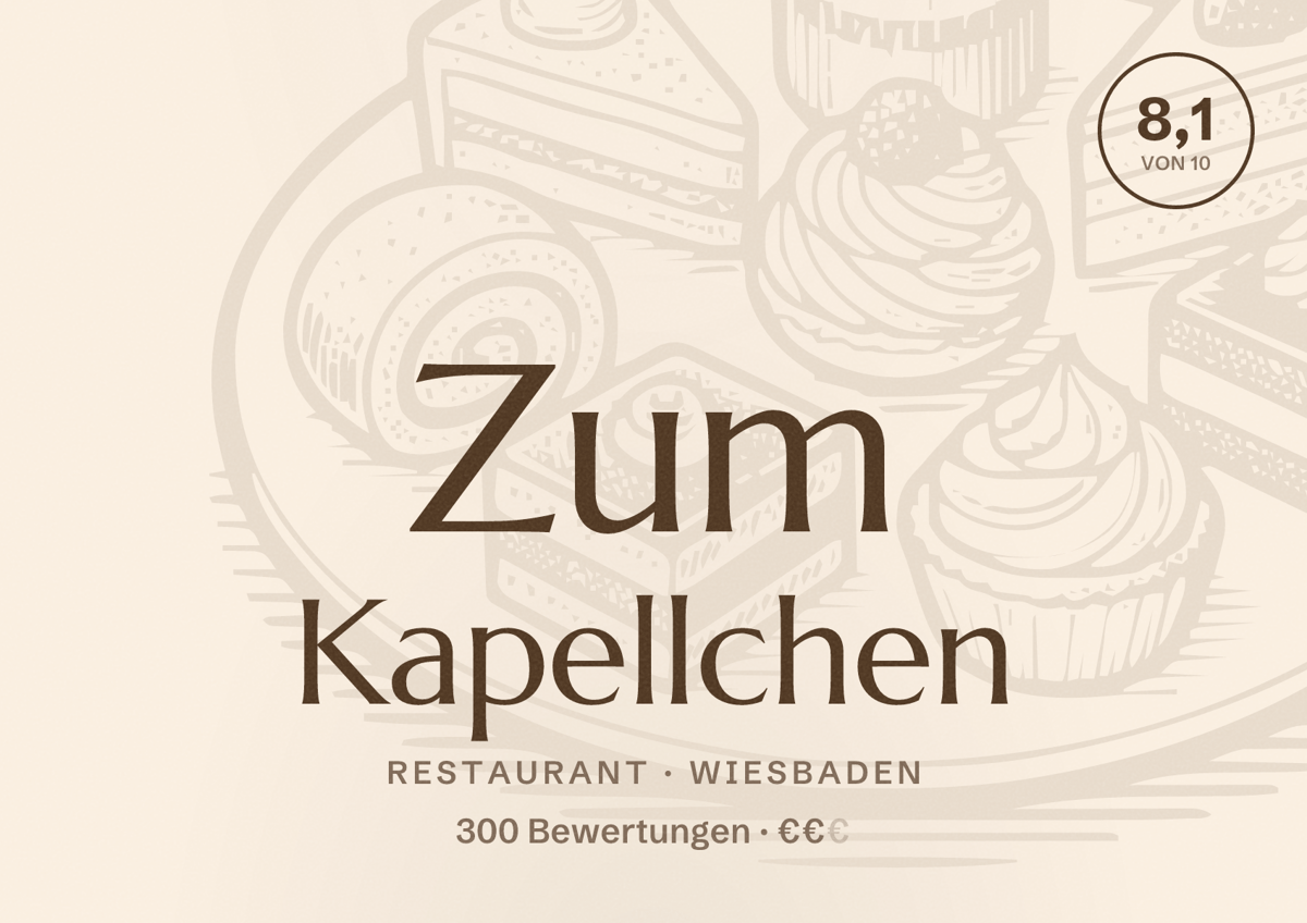 Illustriertes Poster von Zum Kapellchen, Restaurant in Wiesbaden: Bewertung 8,1 von 10 aus 300 Bewertungen, Preisniveau €€
