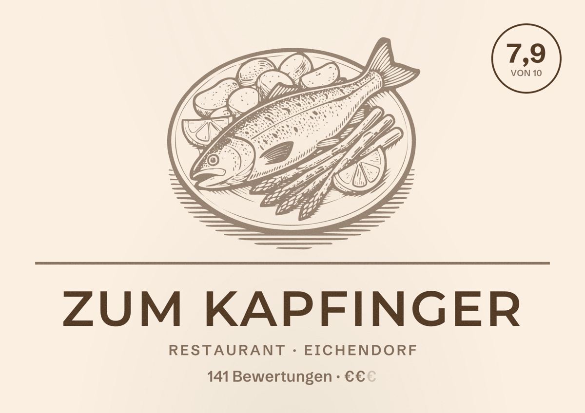 Illustriertes Poster von Zum Kapfinger, Restaurant in Eichendorf: Bewertung 7,9 von 10 aus 141 Bewertungen, Preisniveau €€