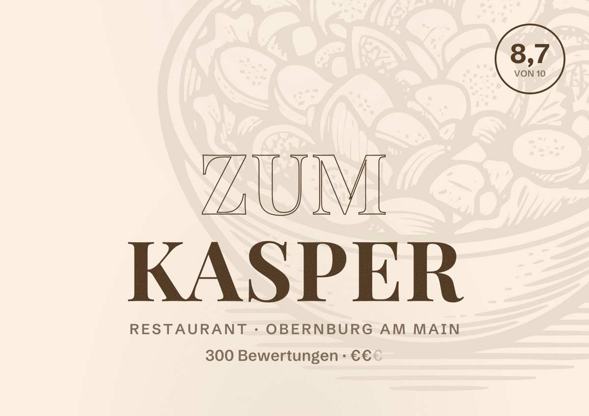Illustriertes Poster von Zum Kasper, Restaurant in Obernburg am Main: Bewertung 8,7 von 10 aus 300 Bewertungen, Preisniveau €€