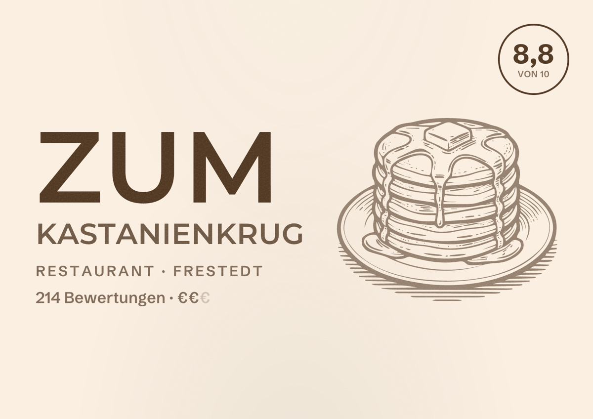 Illustriertes Poster von Zum Kastanienkrug, Restaurant in Frestedt: Bewertung 8,8 von 10 aus 214 Bewertungen, Preisniveau €€