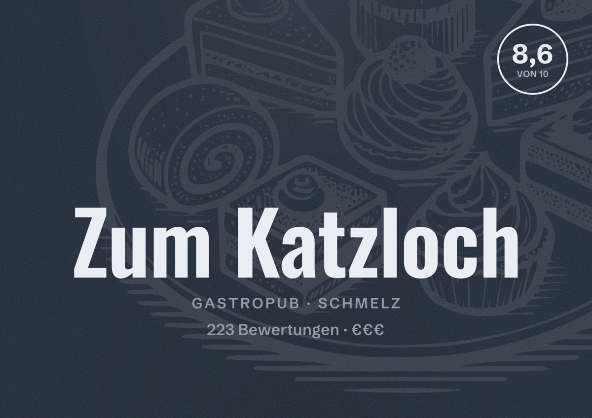 Illustriertes Poster von Zum Katzloch, Gastropub in Schmelz: Bewertung 8,6 von 10 aus 223 Bewertungen, Preisniveau €€€