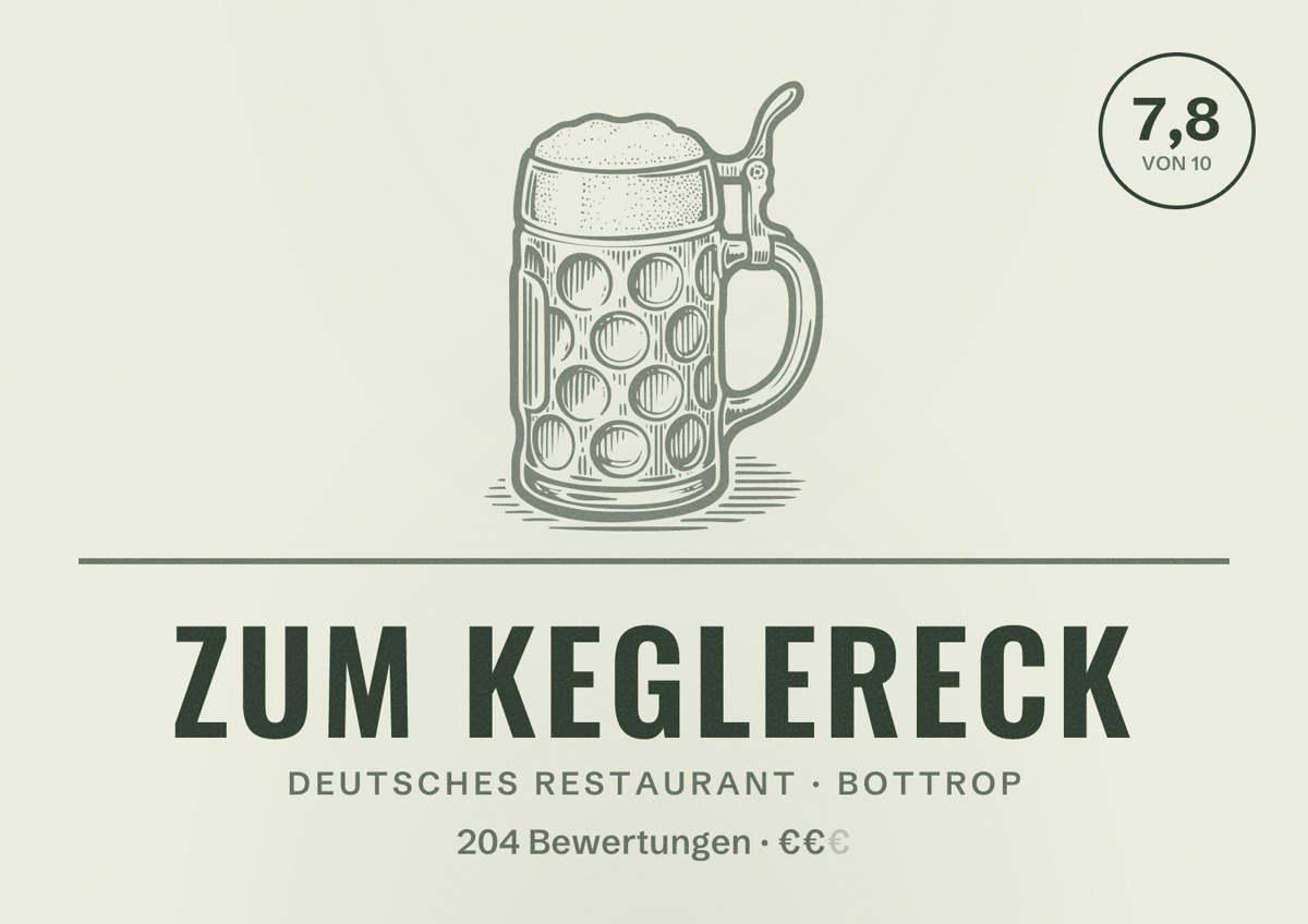 Illustriertes Poster von Zum Keglereck, Deutsches Restaurant in Bottrop: Bewertung 7,8 von 10 aus 204 Bewertungen, Preisniveau €€