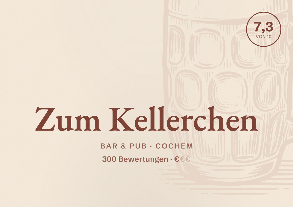Illustriertes Poster von Zum Kellerchen, Bar & Pub in Cochem: Bewertung 7,3 von 10 aus 300 Bewertungen, Preisniveau €