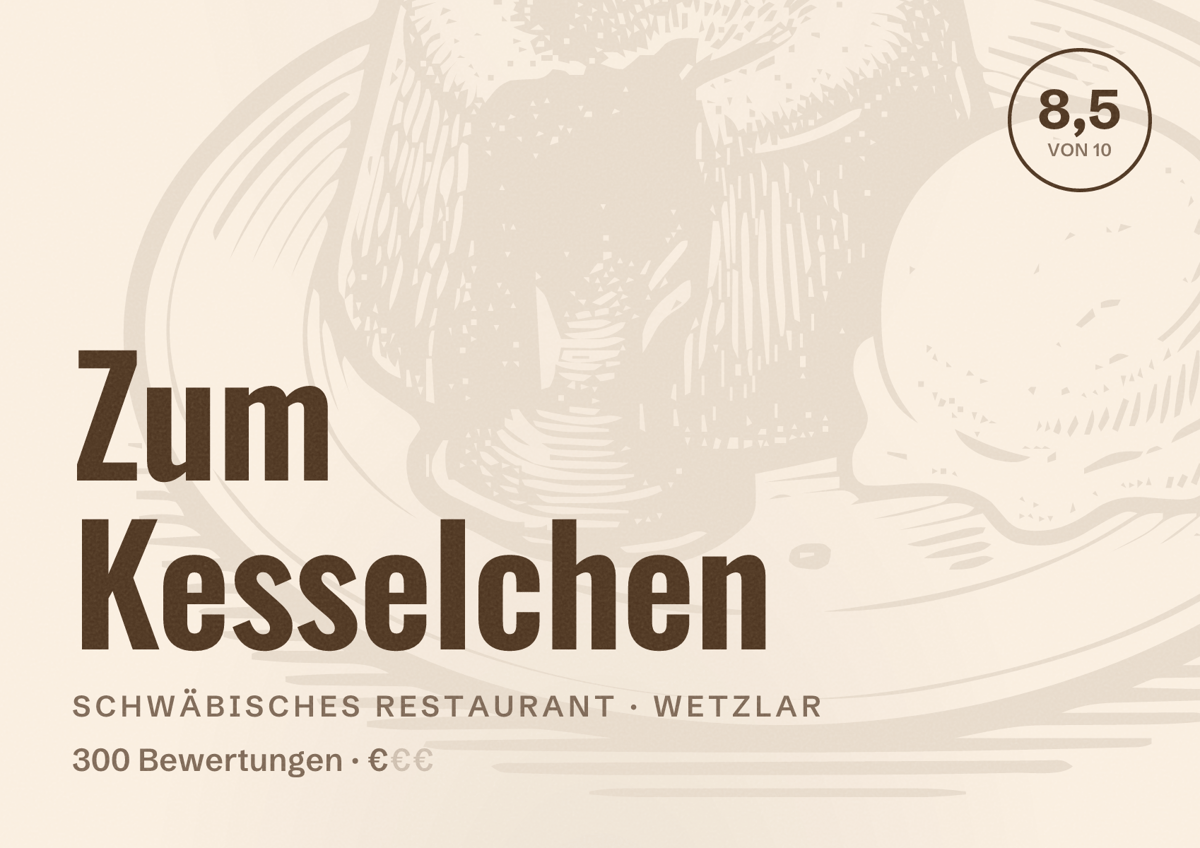 Illustriertes Poster von Zum Kesselchen, Schwäbisches Restaurant in Wetzlar: Bewertung 8,5 von 10 aus 300 Bewertungen, Preisniveau €