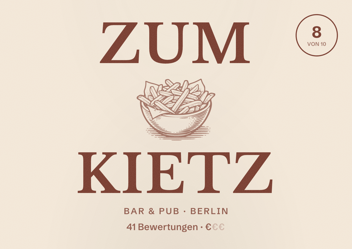 Illustriertes Poster von Zum Kietz, Bar & Pub in Berlin: Bewertung 8,0 von 10 aus 41 Bewertungen, Preisniveau €