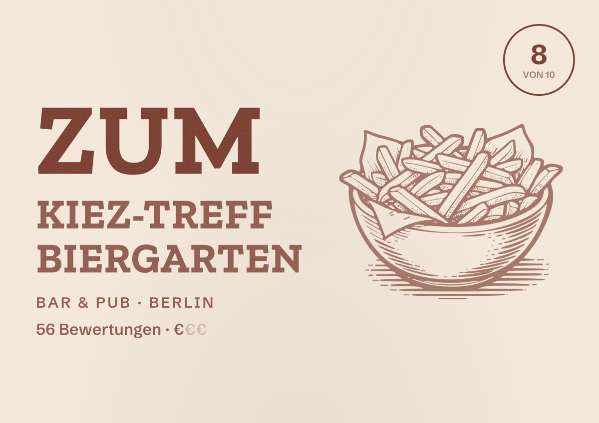 Illustriertes Poster von Zum Kiez-Treff Biergarten, Bar & Pub in Berlin: Bewertung 8,0 von 10 aus 56 Bewertungen, Preisniveau €