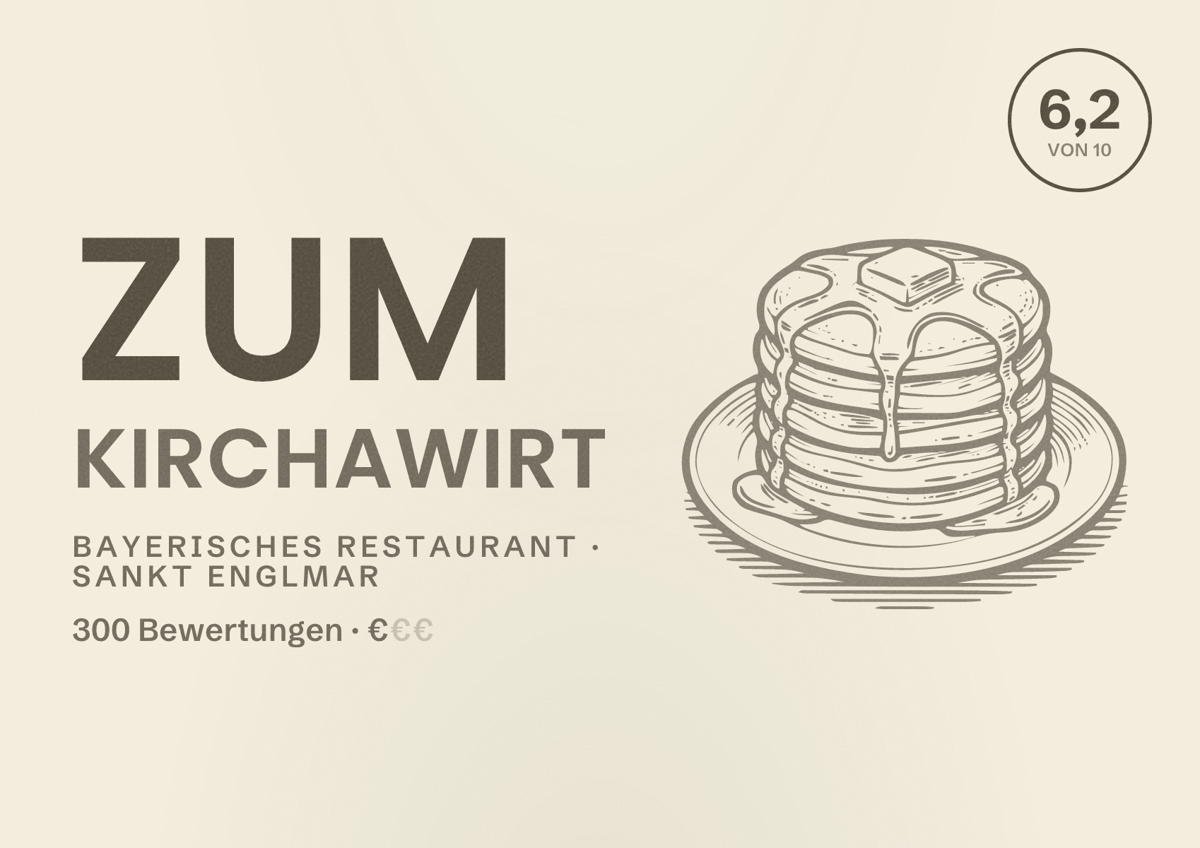 Illustriertes Poster von Zum Kirchawirt, Bayerisches Restaurant in Sankt Englmar: Bewertung 6,2 von 10 aus 300 Bewertungen, Preisniveau €