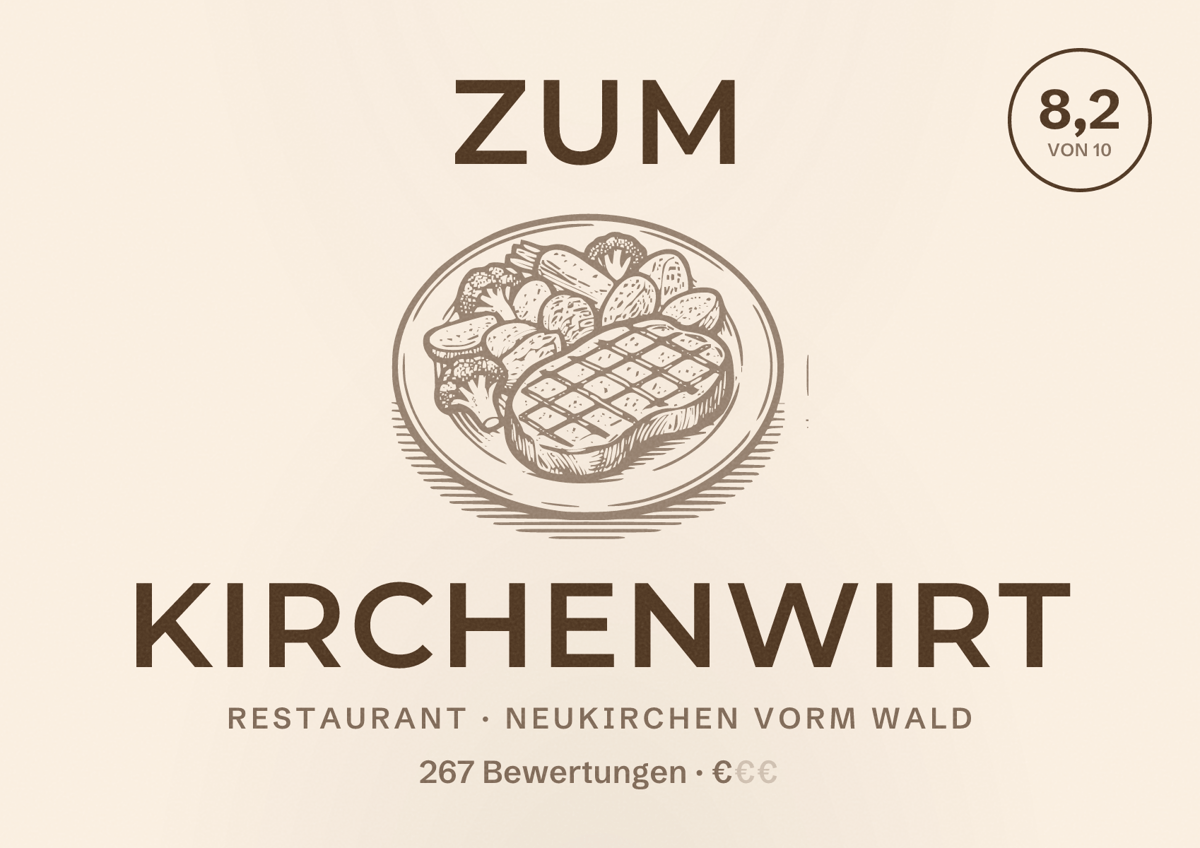 Illustriertes Poster von Zum Kirchenwirt, Restaurant in Neukirchen vorm Wald: Bewertung 8,2 von 10 aus 267 Bewertungen, Preisniveau €