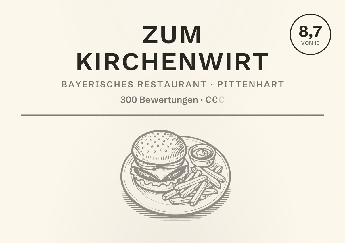 Illustriertes Poster von Zum Kirchenwirt, Bayerisches Restaurant in Pittenhart: Bewertung 8,7 von 10 aus 300 Bewertungen, Preisniveau €€