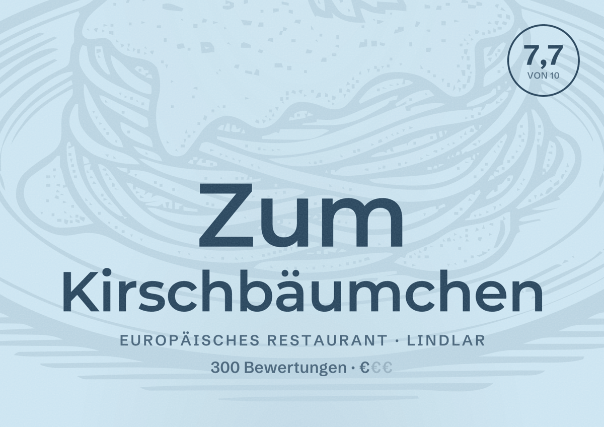 Illustriertes Poster von Zum Kirschbäumchen, Europäisches Restaurant in Lindlar: Bewertung 7,7 von 10 aus 300 Bewertungen, Preisniveau €