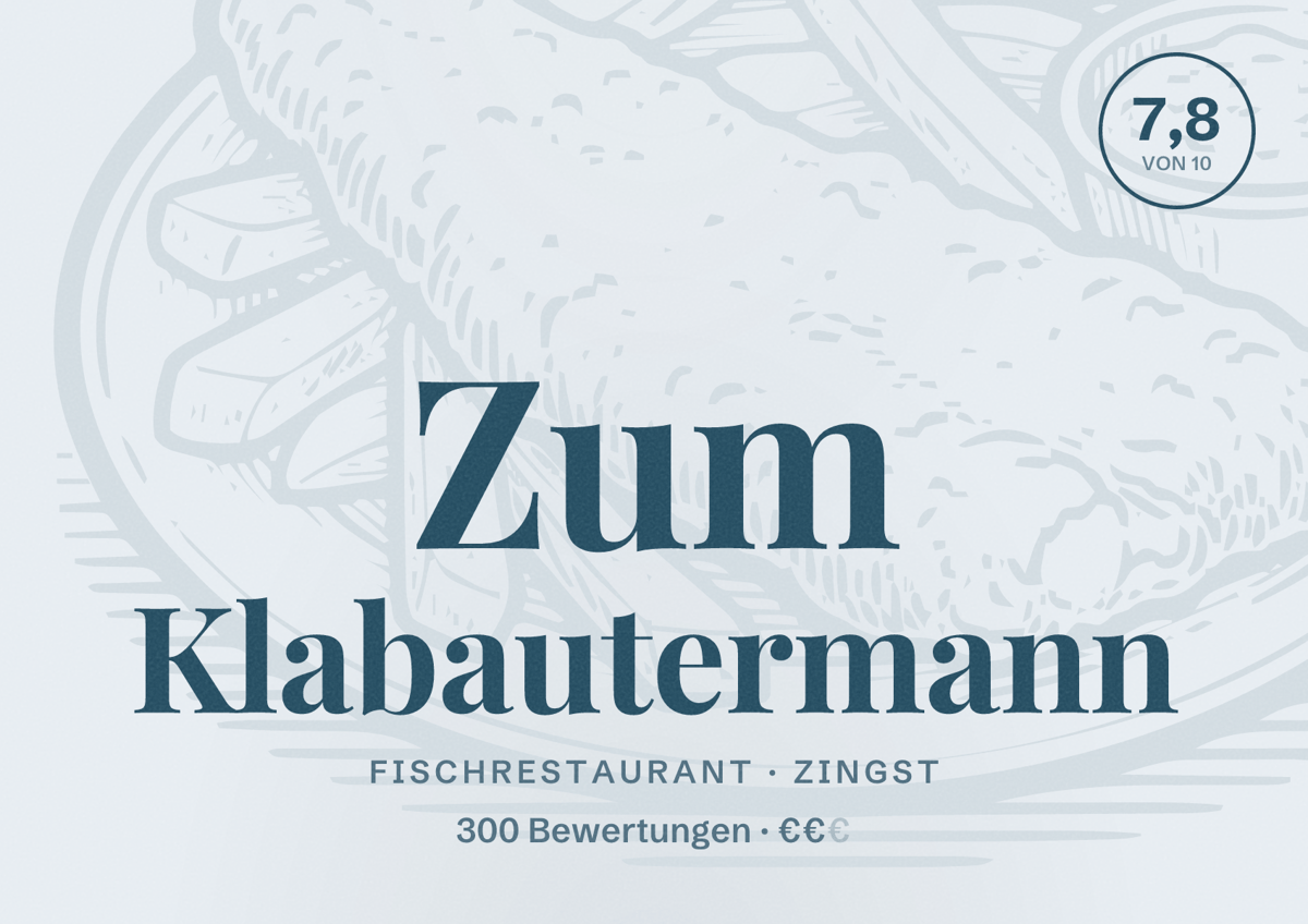 Illustriertes Poster von Zum Klabautermann, Fischrestaurant in Zingst: Bewertung 7,8 von 10 aus 300 Bewertungen, Preisniveau €€