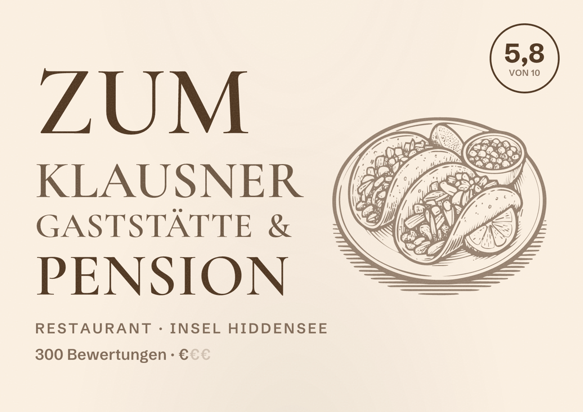 Illustriertes Poster von Zum Klausner Gaststätte & Pension, Restaurant in Insel Hiddensee: Bewertung 5,8 von 10 aus 300 Bewertungen, Preisniveau €