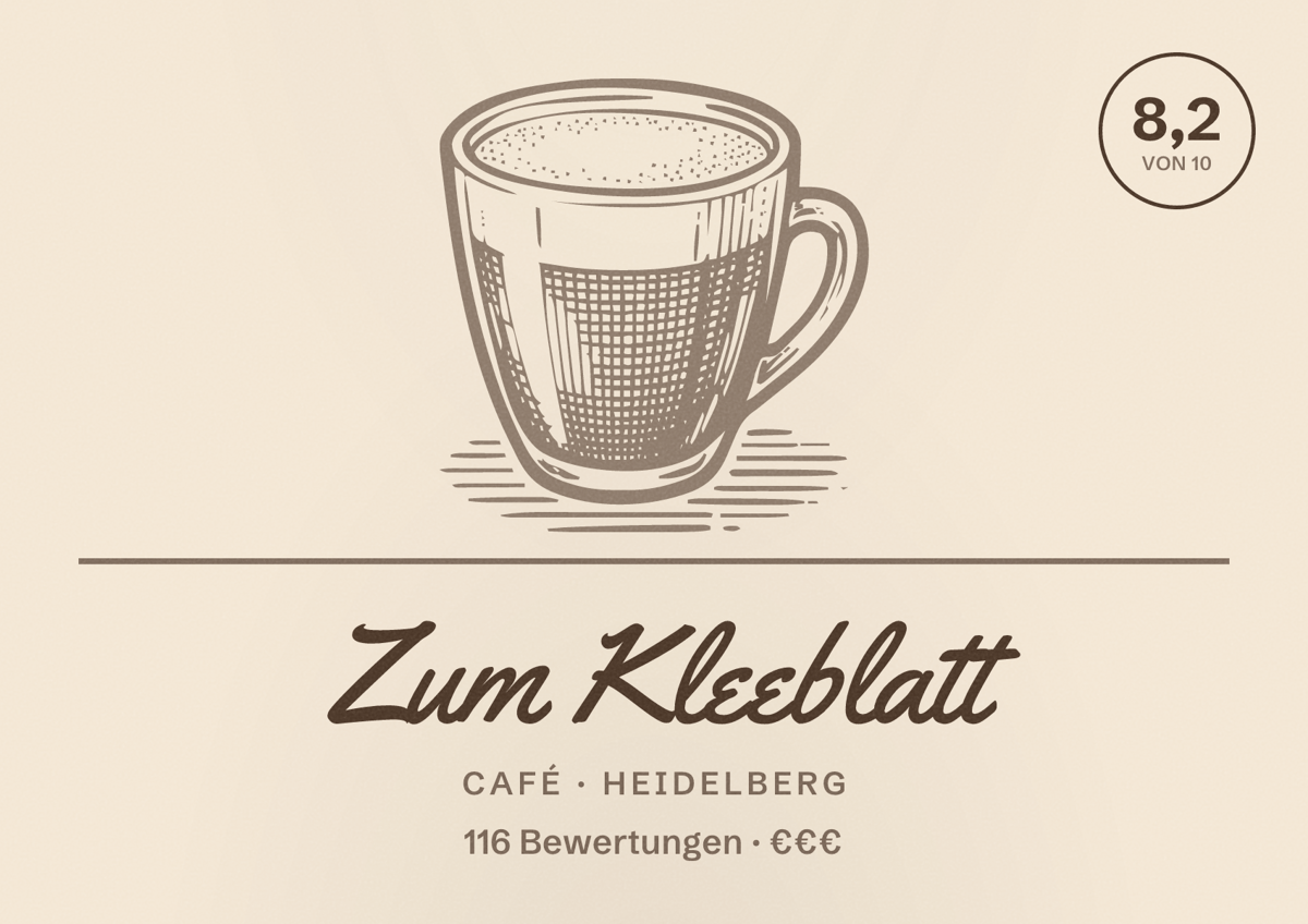 Illustriertes Poster von Zum Kleeblatt, Café in Heidelberg: Bewertung 8,2 von 10 aus 116 Bewertungen, Preisniveau €€€