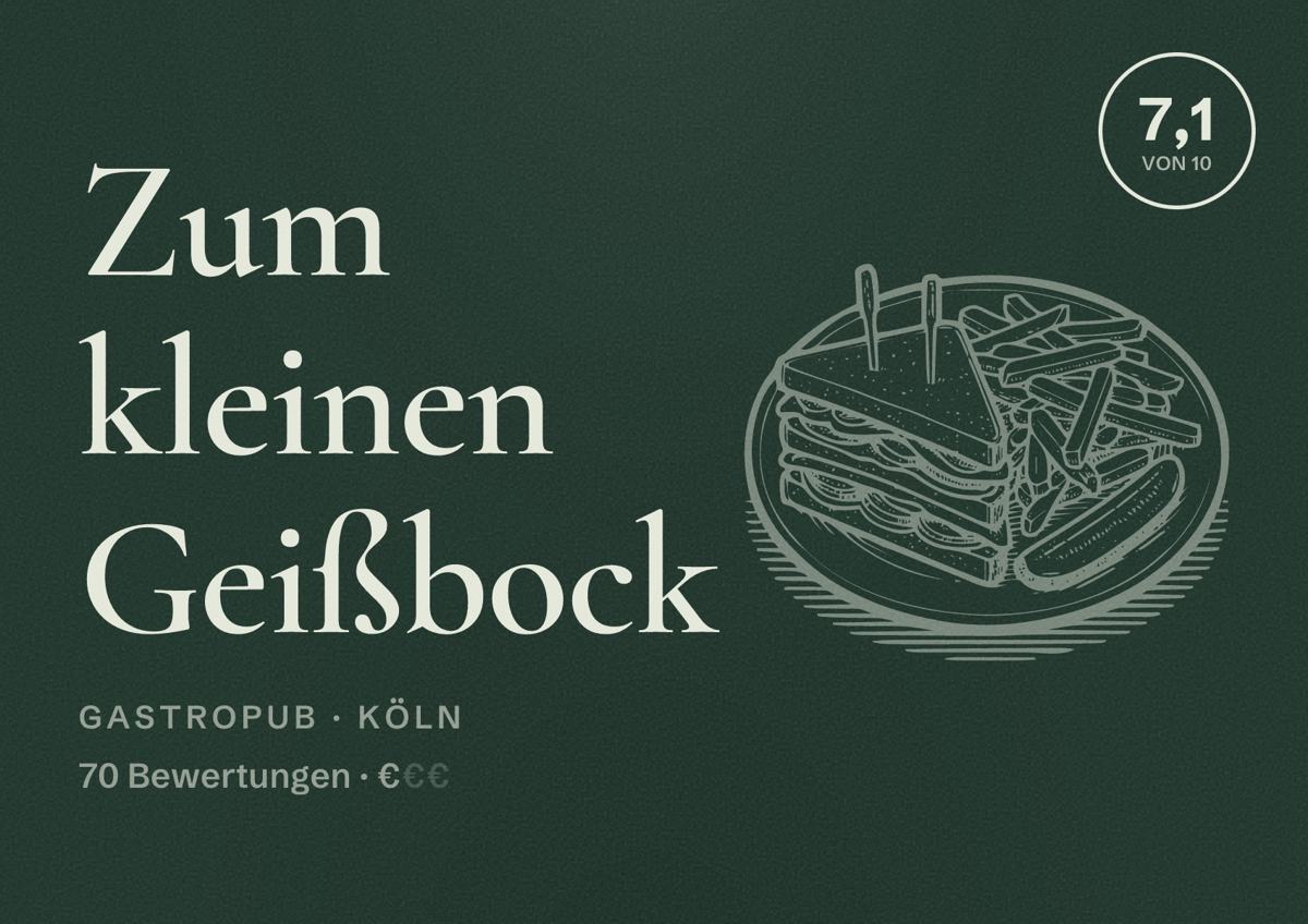 Illustriertes Poster von Zum kleinen Geißbock, Gastropub in Köln: Bewertung 7,1 von 10 aus 70 Bewertungen, Preisniveau €