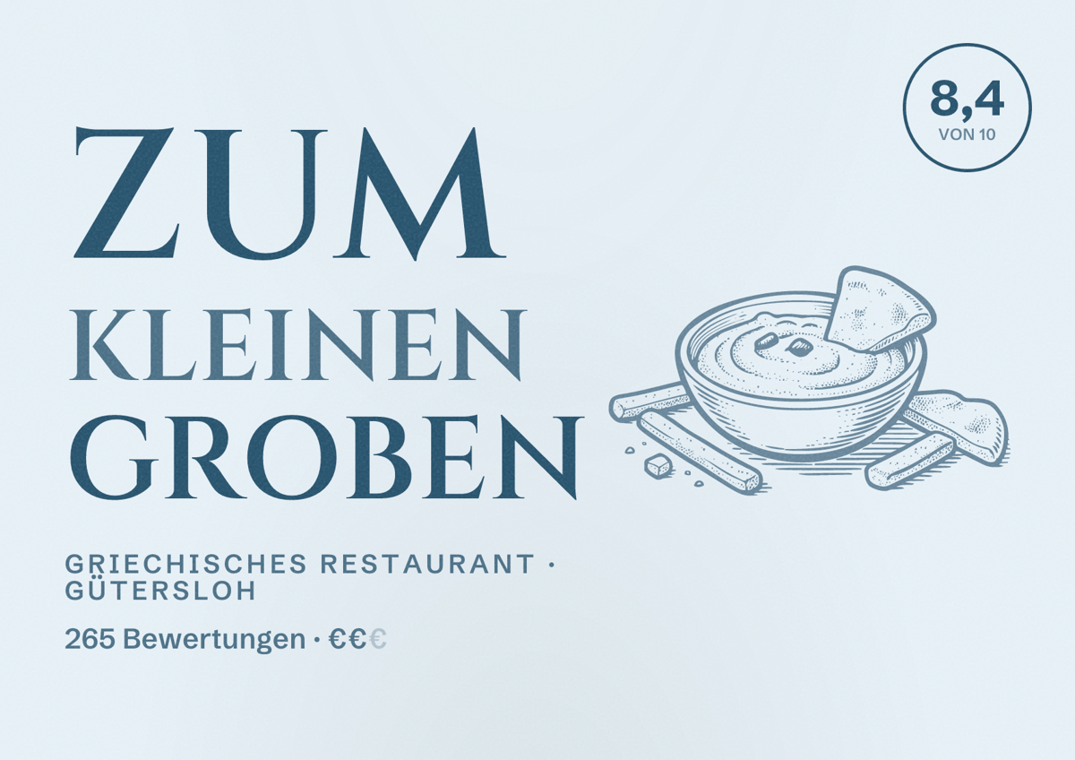Illustriertes Poster von Zum kleinen Groben, Griechisches Restaurant in Gütersloh: Gästebewertung 8,4 von 10 aus 265 Bewertungen