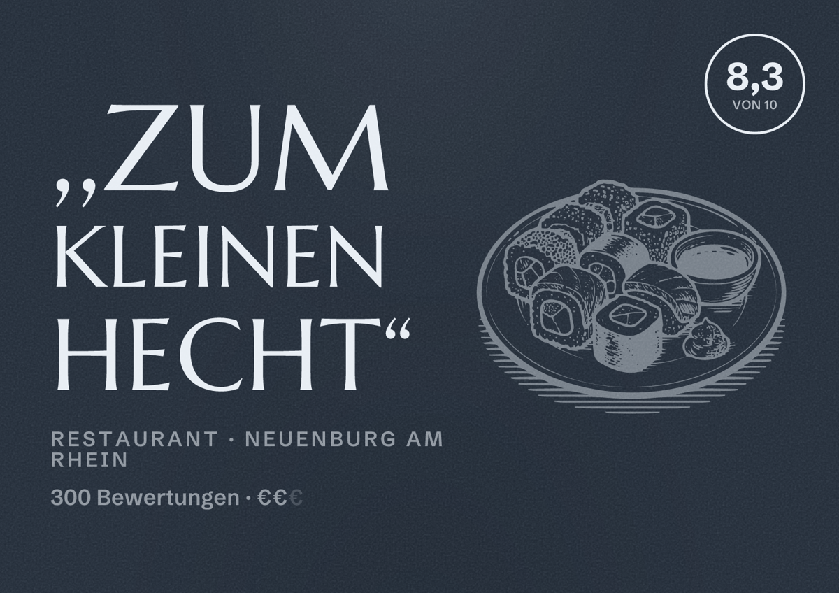 Illustriertes Poster von ,,Zum kleinen Hecht“, Restaurant in Neuenburg am Rhein: Bewertung 8,3 von 10 aus 300 Bewertungen, Preisniveau €€